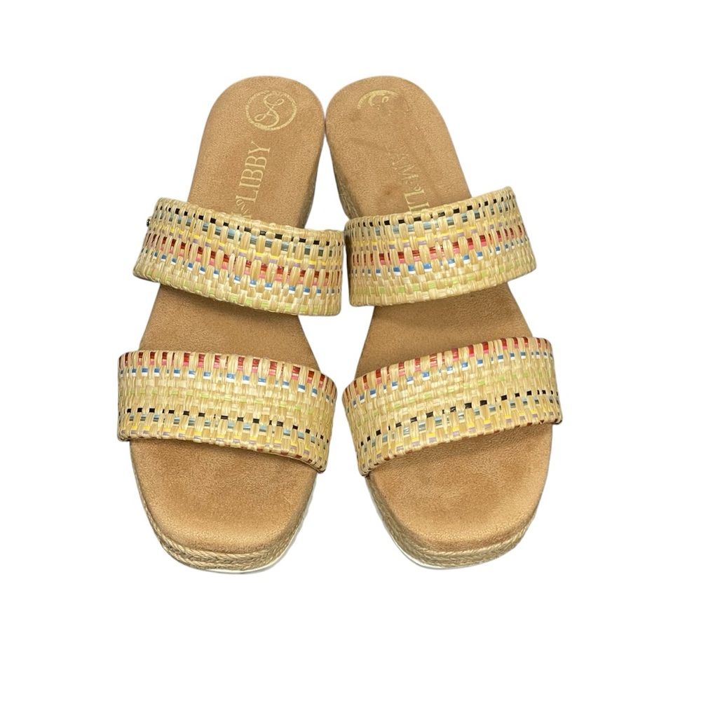 Sam & Libby Charlee Raffia Tan Strap Slip On Wedge Shoe Sandal Sz 9